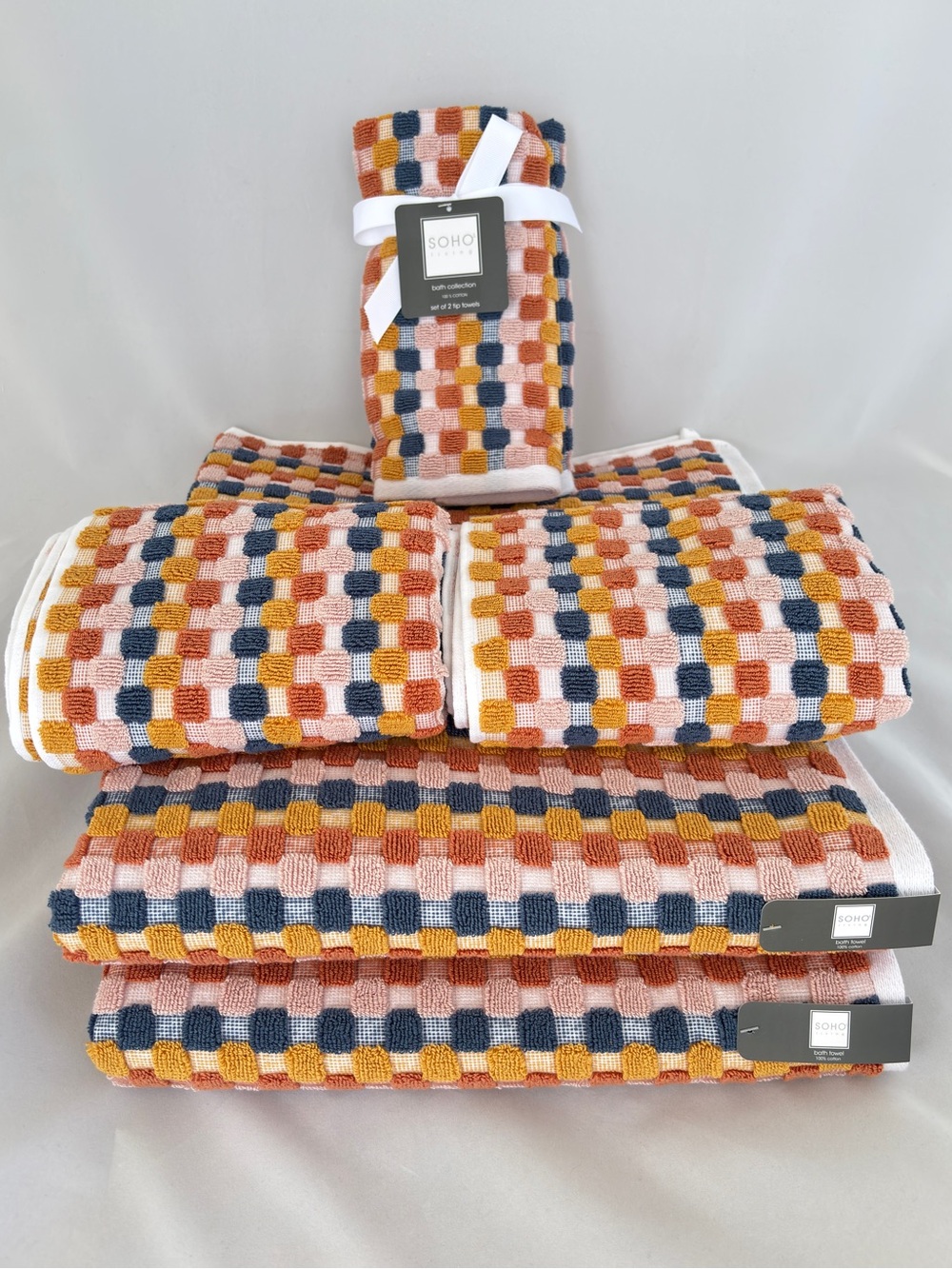 NWT 6 Pc Soho Living Cotton Bath Towel Set Retro Checkerboard Fall Decor Ochre